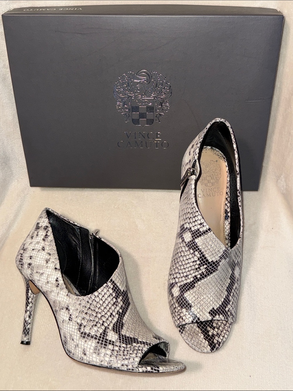 Vince Camuto Careeta Black and White Python Peep-Toe Stiletto Booties, in Box